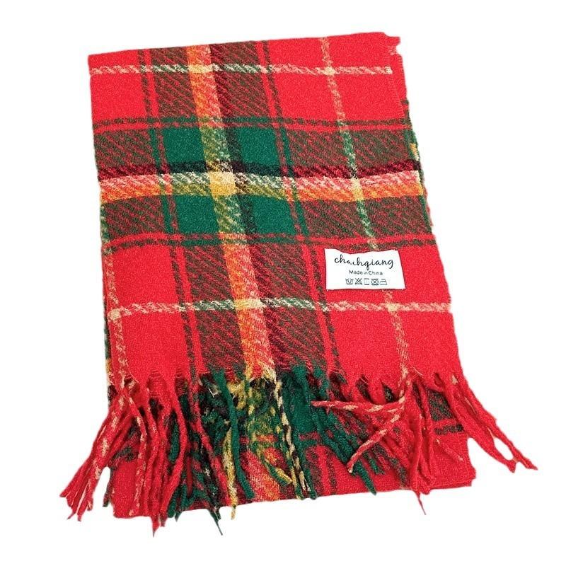 New Christmas Atmosphere Scarf Women's Winter Korean Retro Red Plaid with Warm Long Shawl Scarf
