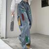 Модные красочные рваные джинсы с рисунком каракули, женские узкие прямые брюки с высокой талией, широкие брюки, женские винтажные синие повседневные джинсовые брюки, женские 24247