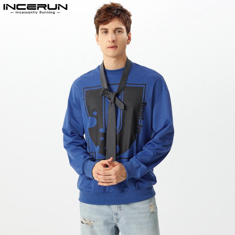 INCERUN Oversized Men O Neck Long Sleeve Letter Print Loose Casual Tops