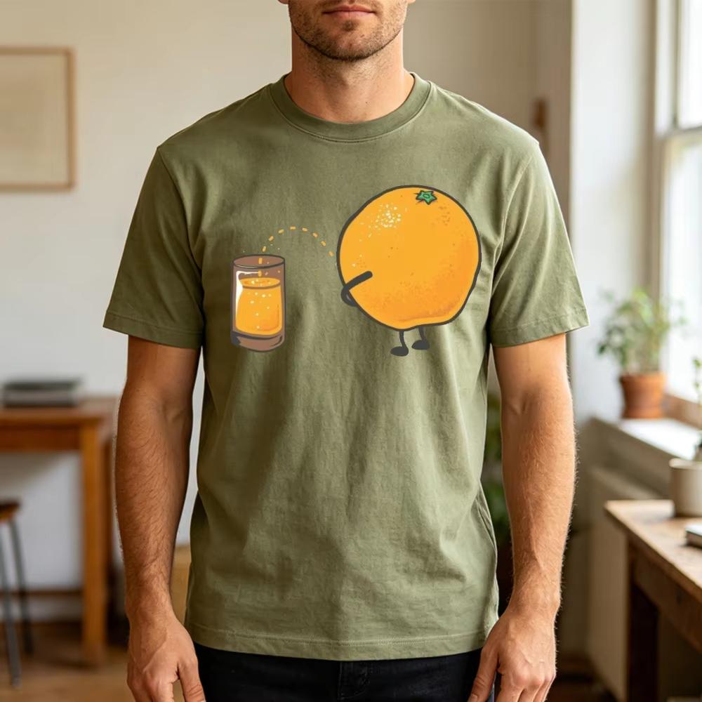 Funny Orange Fruit Peeing Into Orange Juice Glass Cartoon Art T Shirt Unisex Novelty Humor Summer Casual Tops