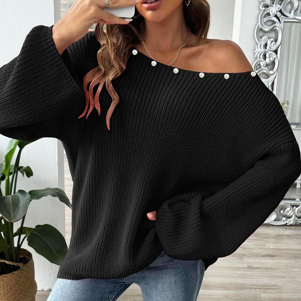 Женский свитер-пуловер с бисером сверху, свободный свитер с открытыми плечами и расклешенными рукавами