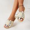 Золотые Хрустальные Цветочные Шлепанцы Женские Летние Туфли с Круглым Носком Женские Сандалии Уличные Плоские Шлепки Блестящие Большого Размера Роскошные Вьетнамки