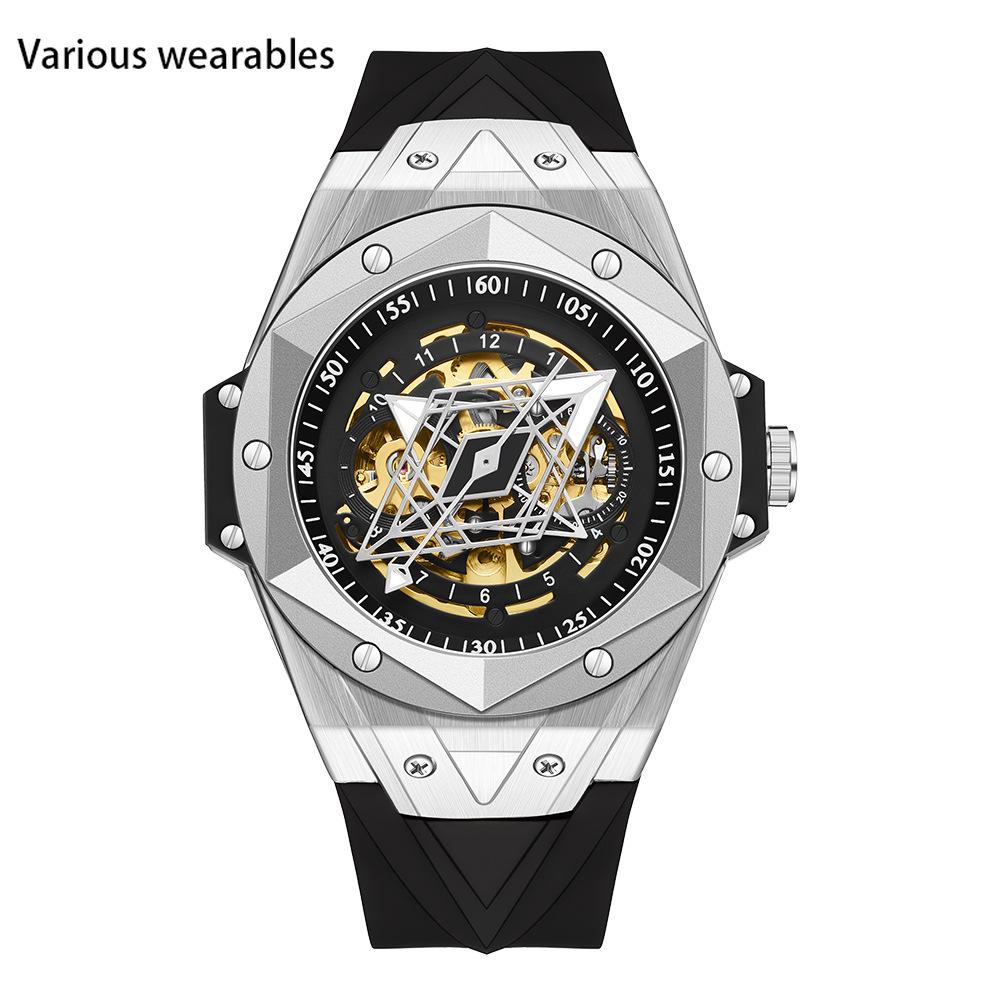Автоматические механические кварцевые полые геометрические часы модные трендовые крутые мужские часы силиконовые часы