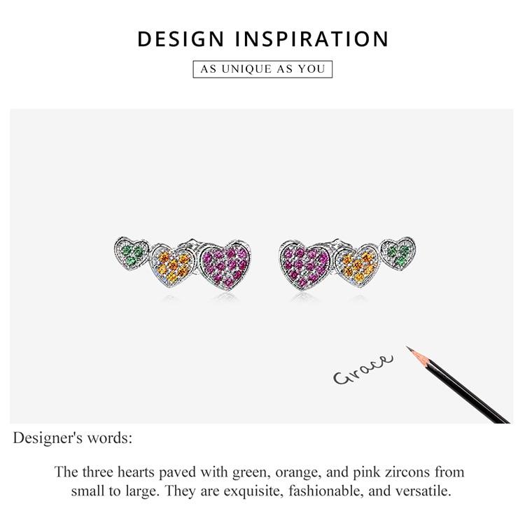 WOSTU Серьги-гвоздики из стерлингового серебра 925 пробы, разноцветные, зеленые, оранжевые, розовые, с цирконом в форме сердца для женщин, модные вечерние ювелирные изделия, подарок
