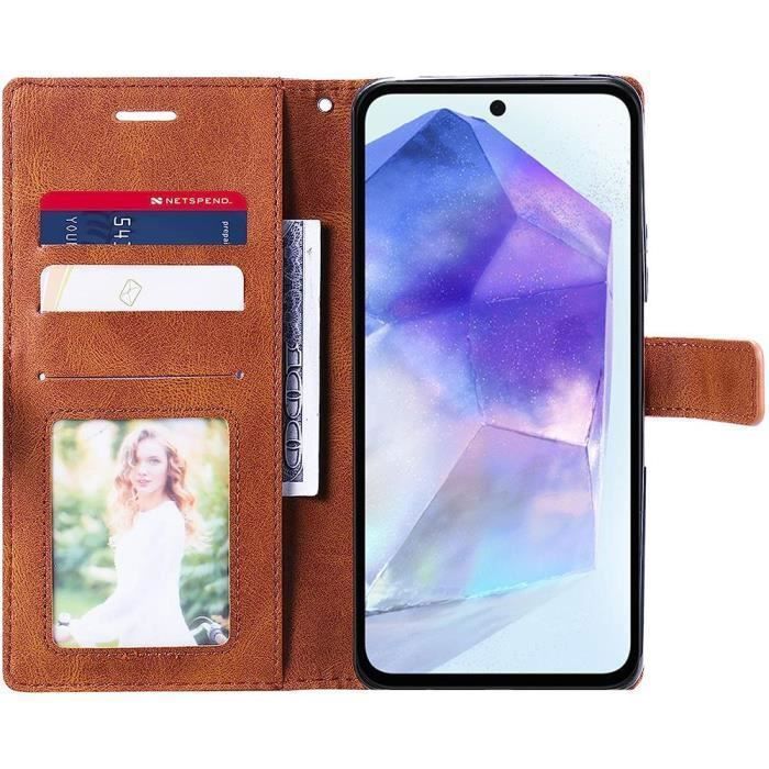 Coque de protection - BOOLING - pour Samsung Galaxy A55 5G - Simili cuir antichoc - Marron - 2 Verres Trempés