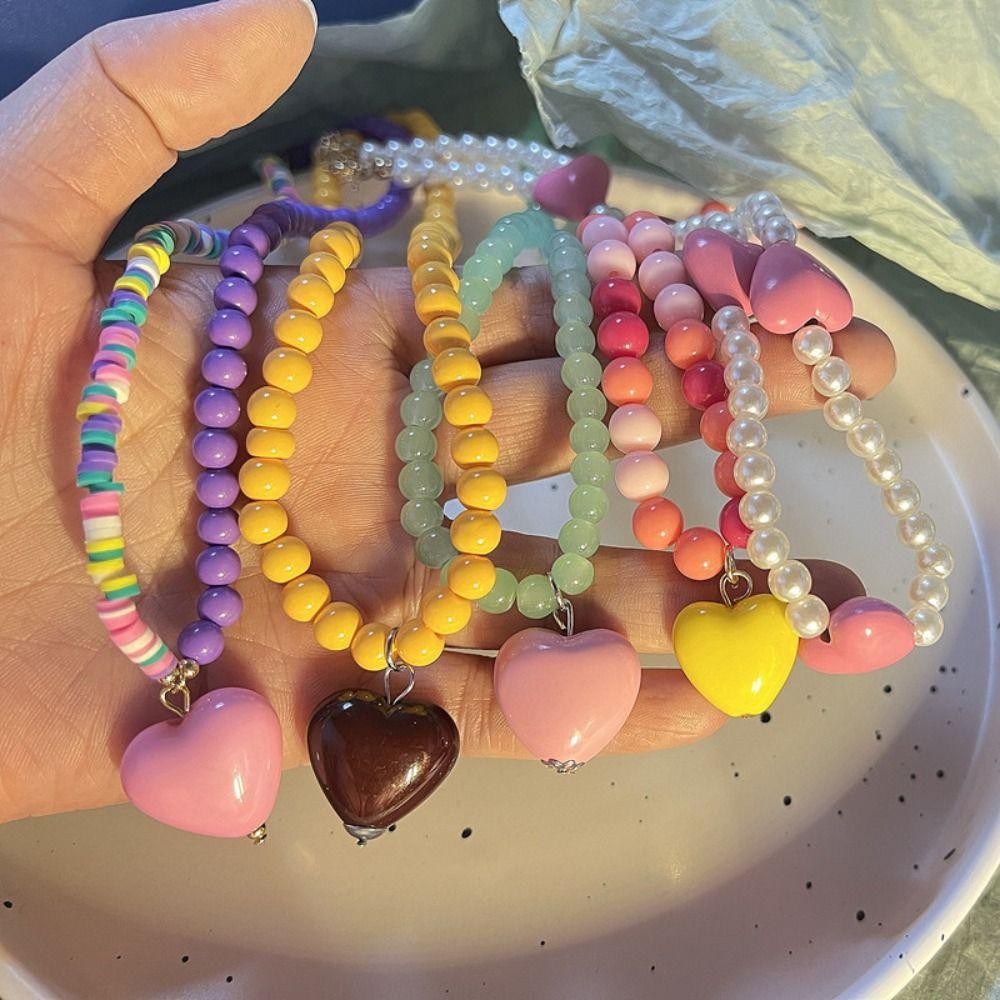 Gift Simple Women Jewelry Accessories Rainbow Color Necklace Korean Necklace Love Heart Pendant