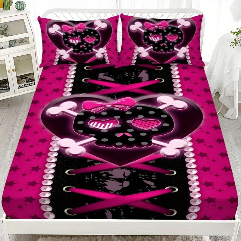 1pc Fitted Sheet Pink Purple Skull Heart 3D Print 100% Polyester Cover Breathable Bedding Set Home Decor without Pillowcases