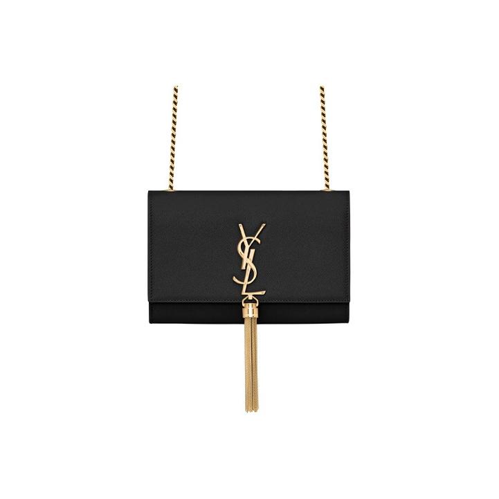 Saint Laurent Ysl Кейт Золотой Логотип Текстурированная тисненая кожа Кисточка Цепочка Сумка на плечо Маленькие женские сумки Черный 474366-BOW0J-1000