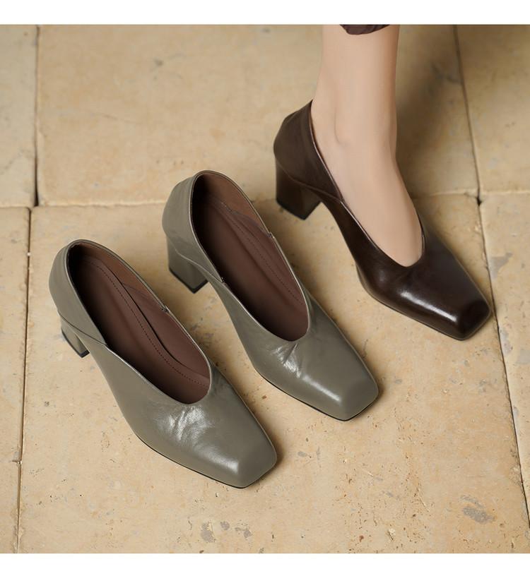 French New Cowhide Square Head High-heeled Single Shoes Women's 2025 Autumn Skirt Commuting Temperament Thick Heel Light Mouth Small Leather Shoes