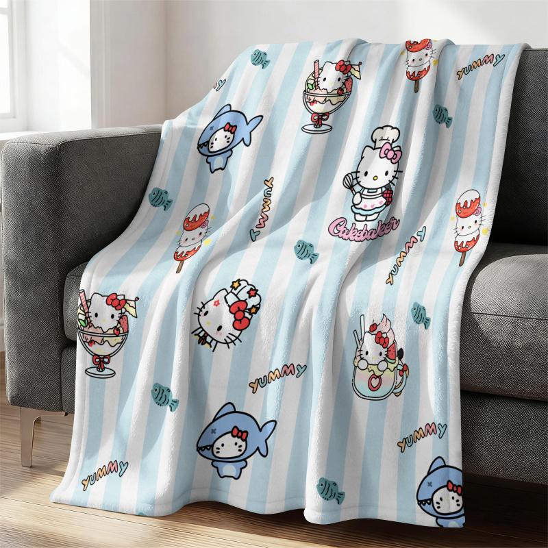 Sanrio Lovely Hello Kitty Plush Flannel Blanket Blue & White Stripe Lightweight Throw Bed Sofa Cover School Office Nap Shawl