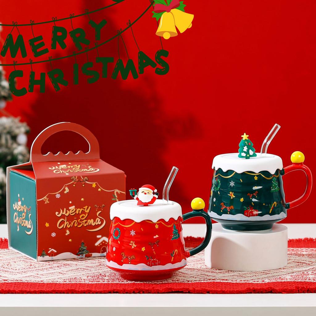 High-Value Christmas Cute Couple Water Cup With Lid, High-End Gift Box, Creative Souvenir Ceramic Cup