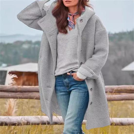 Women Coat Hooded Long Sleeve Buttons Placket Autumn Coat Solid Color Mid-length Casual Outerwear with Pockets