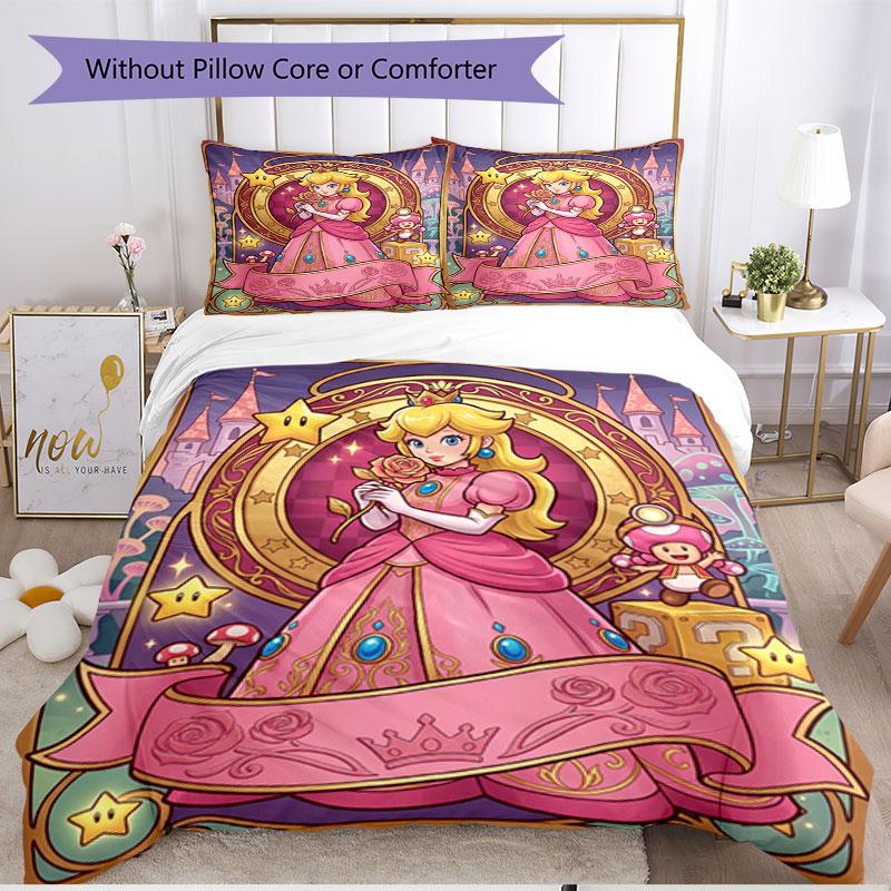 3pcs Duvet Cover Set (1*Duvet Cover + 2*Pillowcase, Without Core), Princess Peach Toadstool Print Soft All‑Season Bedding Set, Home Bedroom Decor Gift