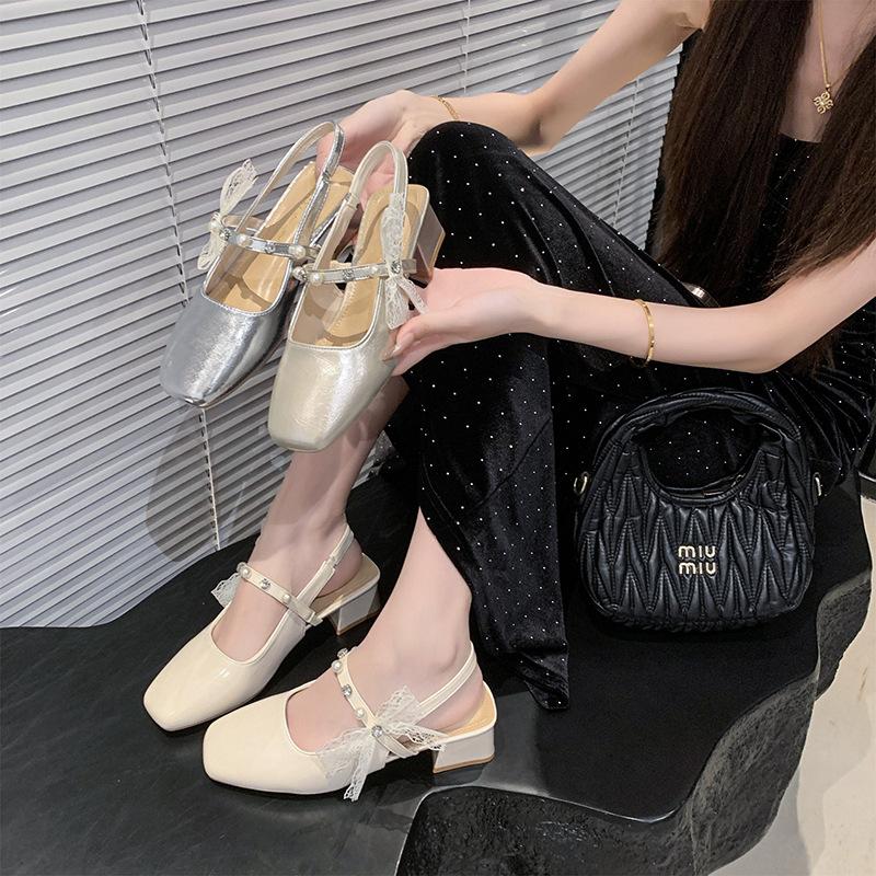 White Mary Jane Sandals Female 2025 New Fairy Style Bag Head Thick Heel Pearl Ribbon with Skirt High Heels