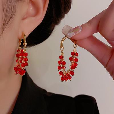 Стильные Новые Красные Кристальные Серьги-Подвески с Бусинами, Бахрома, Деликатные, Легкая Роскошь, Уникальный Дизайн, Персонализированные Украшения для Девочек