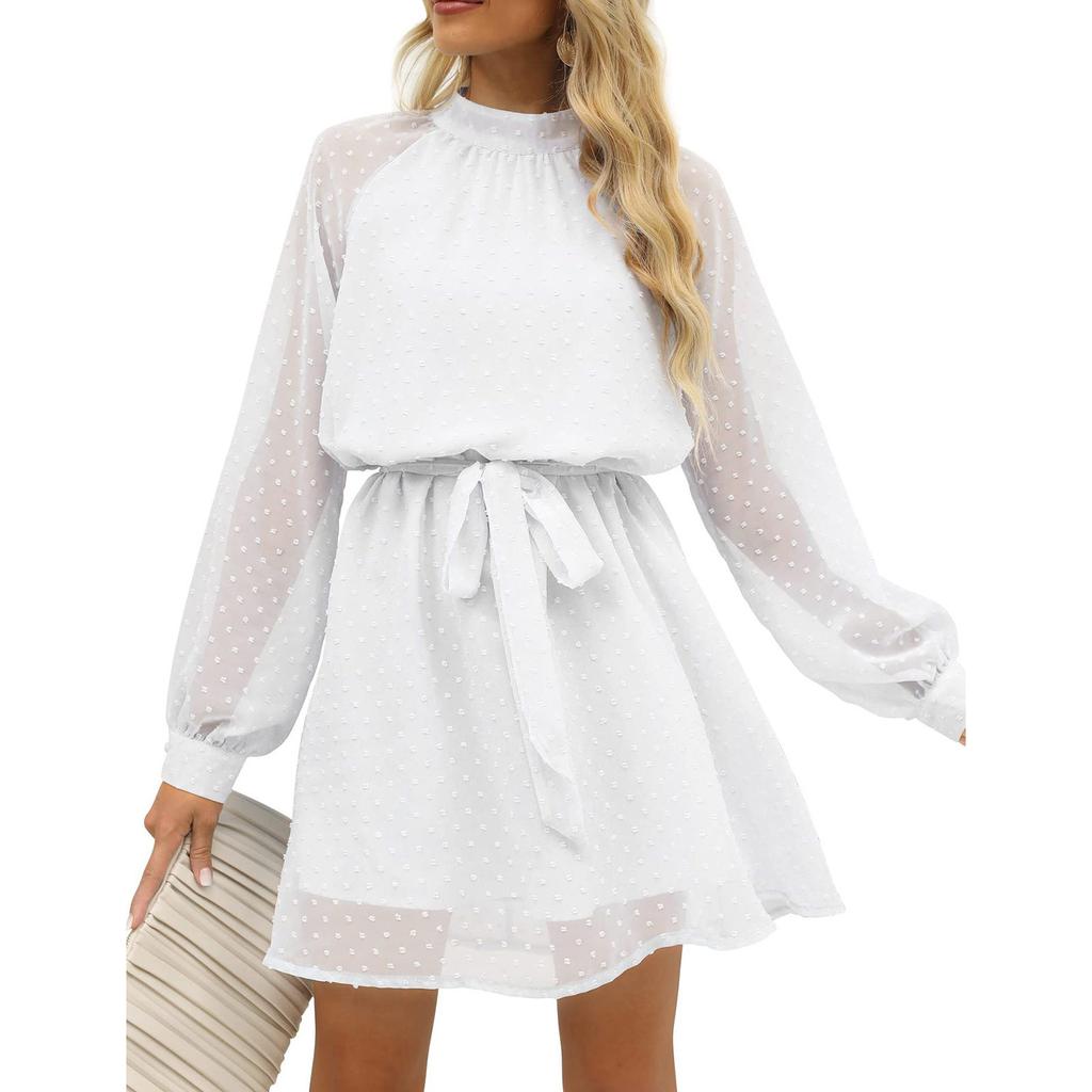 Женское повседневное однотонное платье-пуловер в горошек с длинными рукавами и завязками