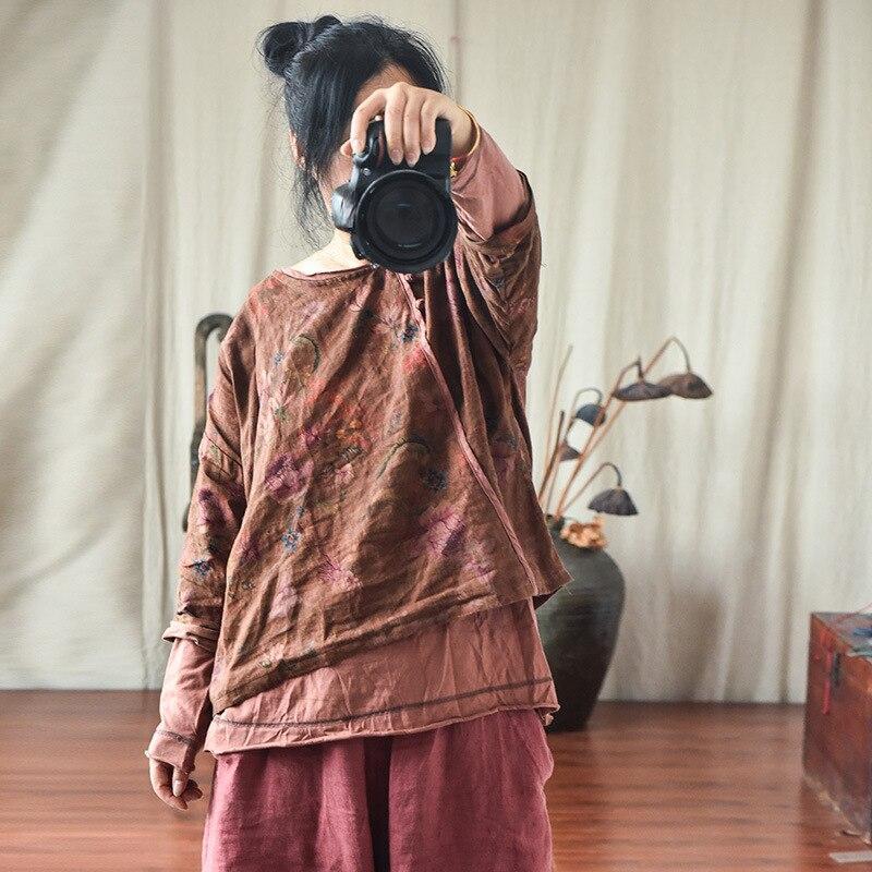 Johnature Women Vintage Button Coats O-neck Long Sleeve Print Floral Loose Clothes Autumn Cotton Linen Casual Coat