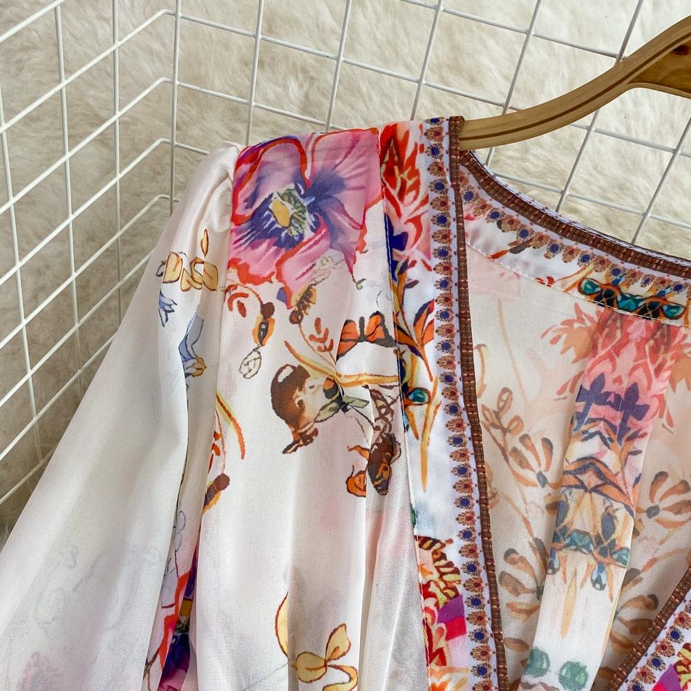 Однобортное свободное платье трапециевидной формы с длинными рукавами и V-образным вырезом на талии и принтом Temperament