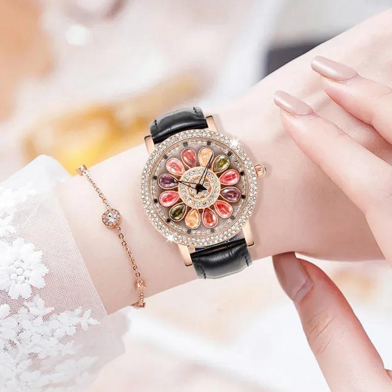 Ladies' Quartz Watch with Rotating Dial Rose Gold Inlaid with Diamonds and Gemstones Fashionable Waterproof Quartz Watch Women's Watch