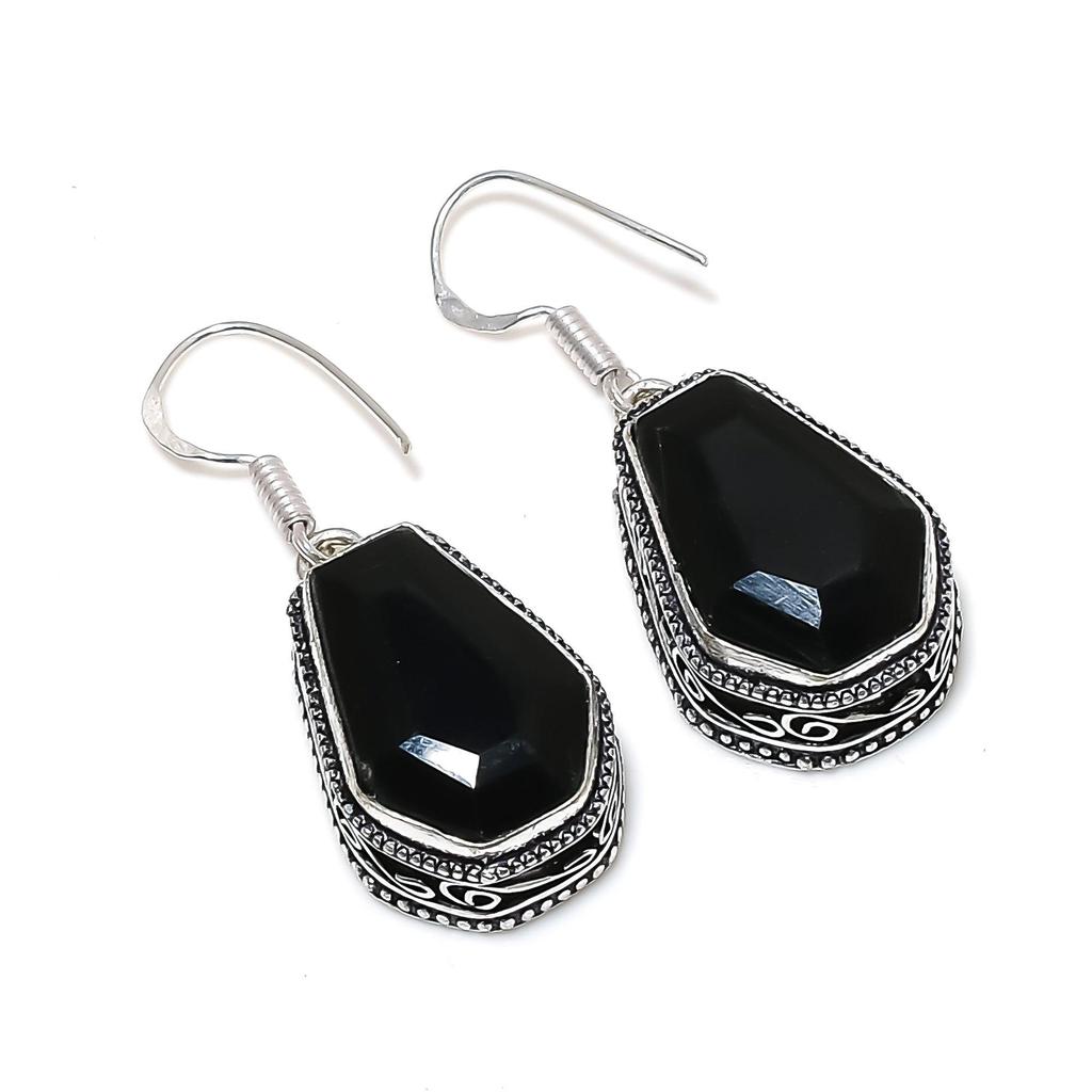Unique Black Spinel Coffin Gemstone Earrings, 925 Sterling Silver Earring, Handmade Boho Silver Jewelry Dangle Earrings, Thanksgiving Gifts