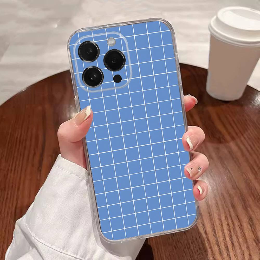Ins Корейский Сине-белый Клетчатый Чехол для Телефона для iPhone 17,16,15,14,13,12,11 Plus,Pro,Max,XR,XS,Plus,E,SE4,Mini Прозрачная Крышка