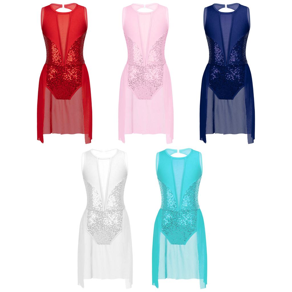Girls Sleeveless Sequins Lyrical Dance Dress Modern Contemporary Costumes Gymnastics Hollow Back Leotard Dancewear