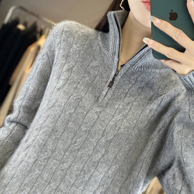 Женский облегающий пуловер из чистой шерсти с высоким воротом, крупной вязки «косы», кашемировый на молнии до середины груди