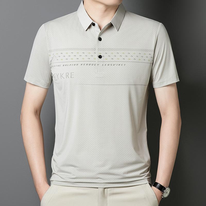 Мужская футболка Ice Silk с короткими рукавами в полоску, свободная повседневная мужская рубашка поло