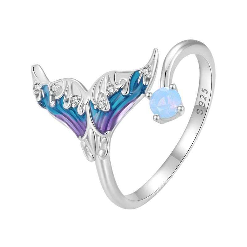 Bamoer 925 Silver Fantasy Mermaid Tail Opening Ring Colorful Enamel Adjustable Ring for Women Party Fine Jewelry