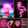 Pink Neon Art Metal Signs Flamingo Posters for Home Pub Bedroom Tin Sign Decorative Plaques Painting Wall Aesthetical Decoration