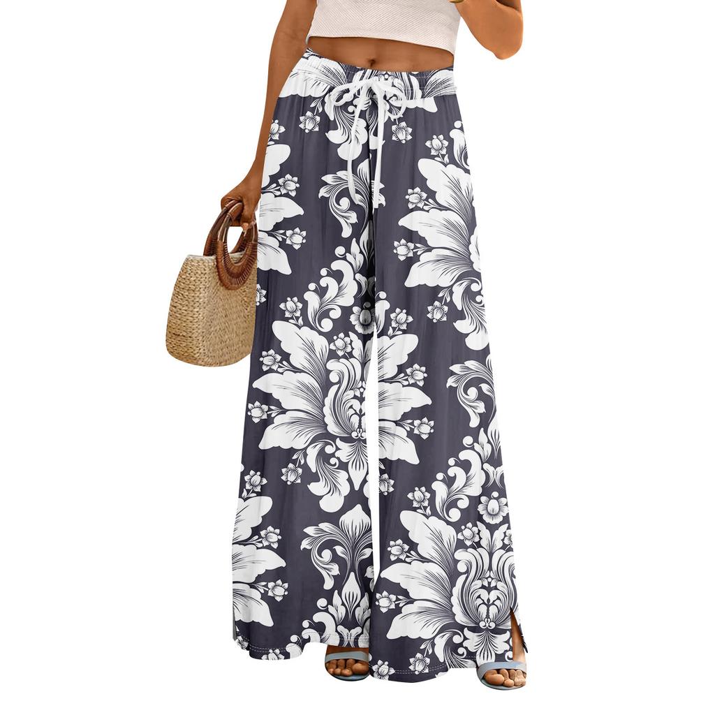 Женские летние брюки-палаццо в стиле бохо с высокой талией, широкие повседневные брюки с цветочным принтом и карманами