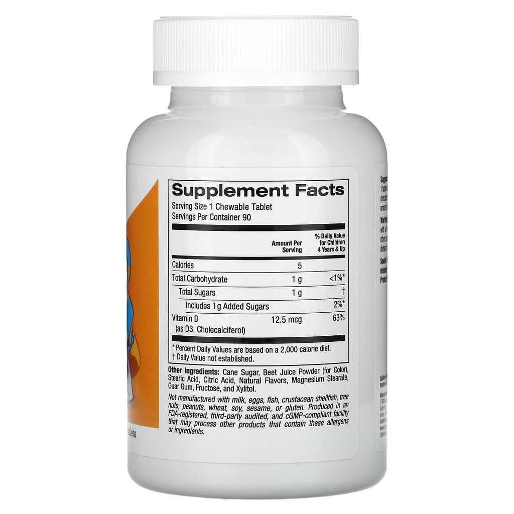 California Gold Nutrition Детский жевательный витамин D3, натуральный вишневый вкус, 12,5 мкг (500 МЕ), 90 веганских таблеток