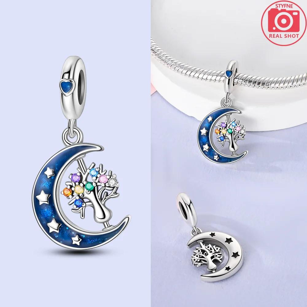 Authentic copper Charm Moon Yellow Stars Blue Zircon Feathers Bead Charms Compatible With Bracelets Women Diy Accessory Valentines Fine Gift