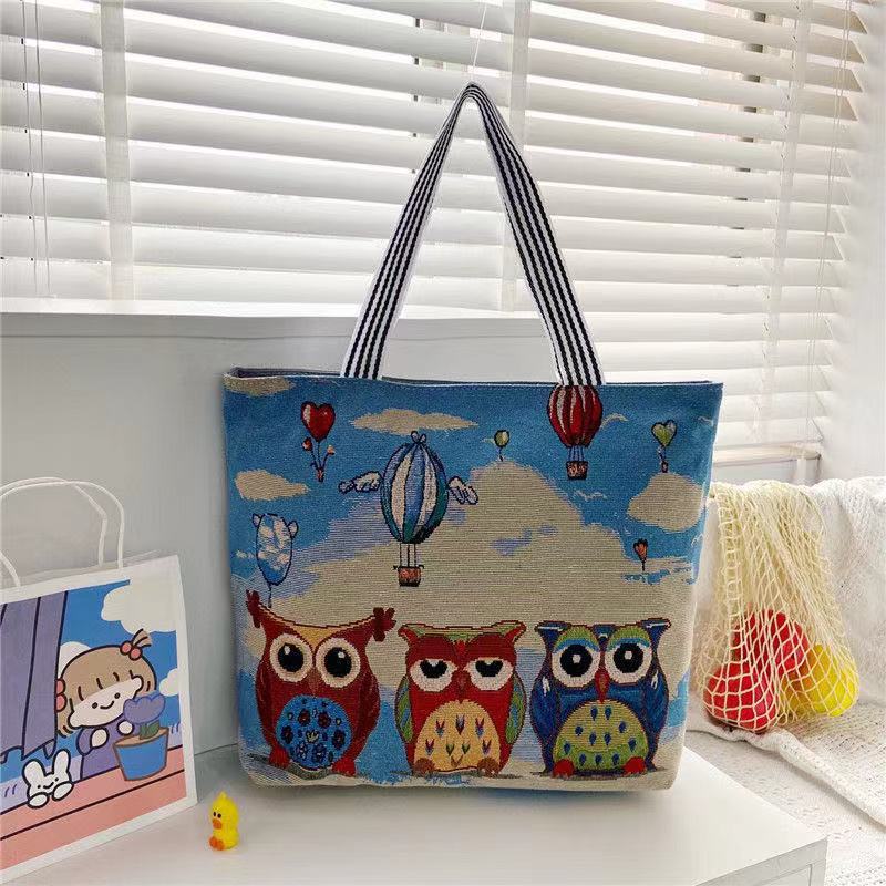 Harajuku Style Cartoon Canvas Bag, Literary Large-Capacity Shoulder Bag, Linen Trendy Cool Ethnic Style Women'S Bag
