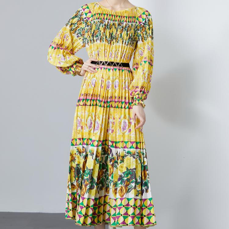 Весна Осень Женские Дизайнерские Платья С Принтом Оверсайз Длинные Макси Праздничные Вечерние Плиссированные Платья с Поясом