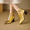 FOREADA Women Ankle Boots Pointed Toe Thick High Heels Buckle Zipper Metallic Short Boots Ladies Fashion Shoes Autumn Winter