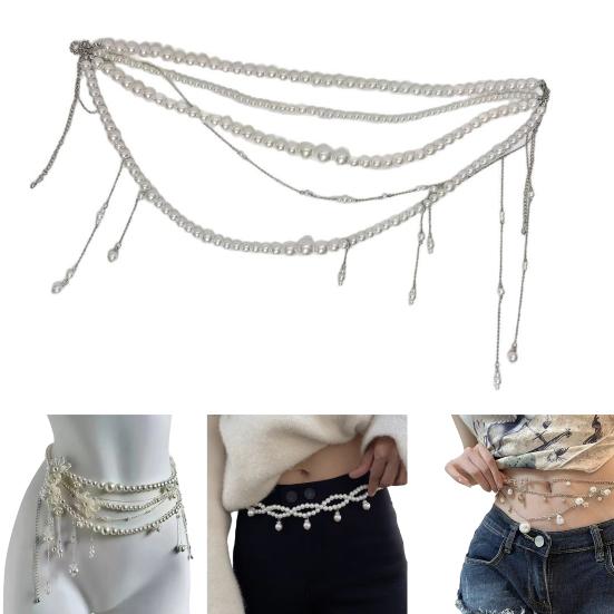 Women Waist Chain Multi Layer Faux Pearls Tassel Design Belt Chain Jeans Skirts Dresses Versatile Accessory