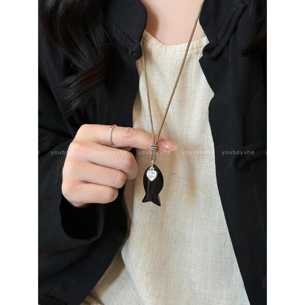 Женское ожерелье с подвеской в виде рыбки из камня тигровый глаз в стиле Y2K - Аксессуар с длинной цепочкой класса люкс