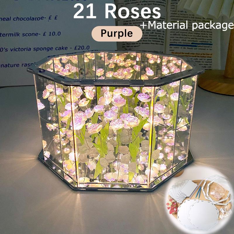 Handmade Rose Mirror Small Night Light Creative Night Gifts DIY Day Mother's Day Rose Light Valentine's Octagon