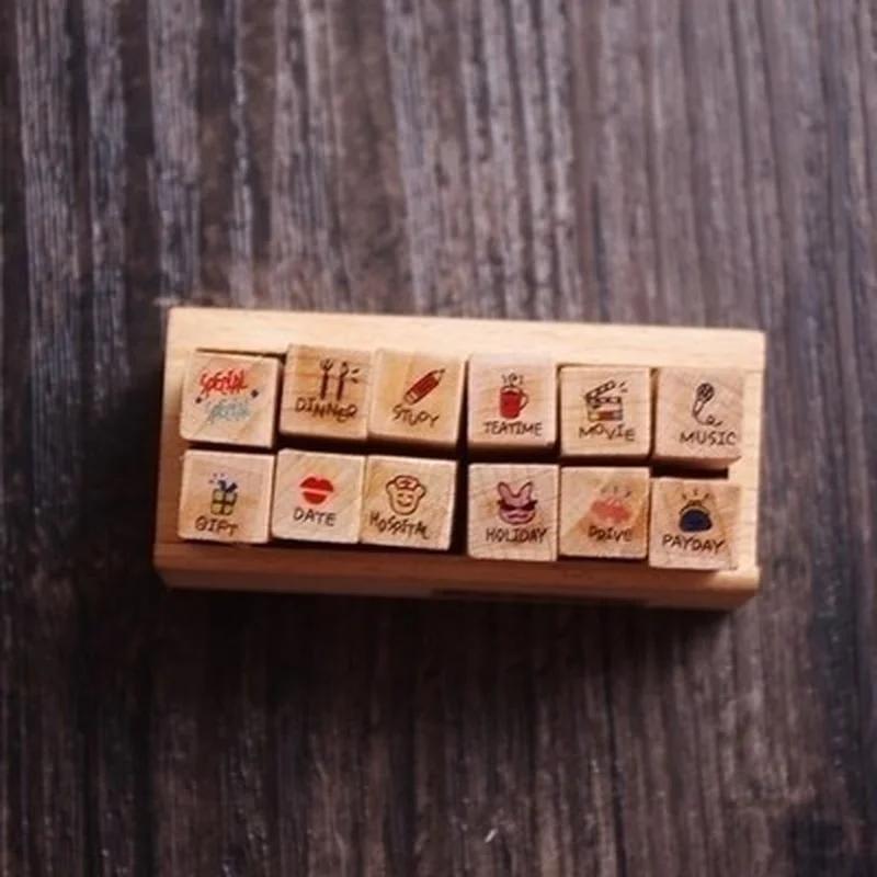 12 шт./набор Винтажный штамп для погодного журнала DIY Деревянные штампы в ассортименте для скрапбукинга Канцелярские товары Школьные принадлежности