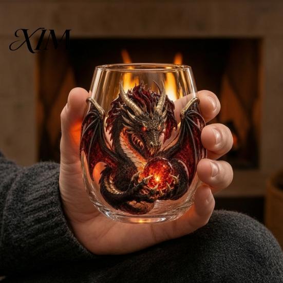 Fantasy Themed Drinking Cups Mythic Dragon Glass Art Cup, 3D Sculpted with Crystal Ball, Bar Display Collection Items 400ml Whiskey Tumbler