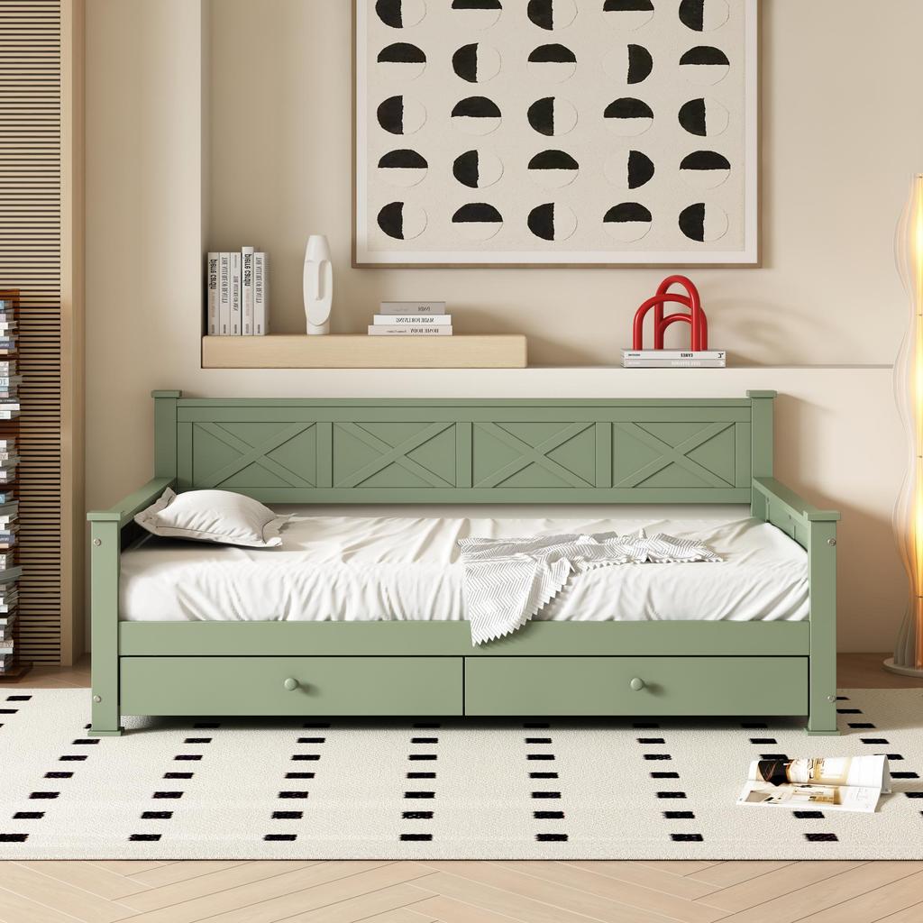 Sofa Bed Flieks 90x200 Daybed with Storage Space, Functional Bed with 2 Drawers, Green