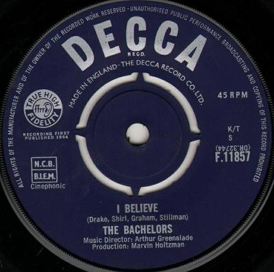 7-дюймовая пластинка BACHELORS - I Believe F11857 Decca 1964 Великобритания Поп Б/У