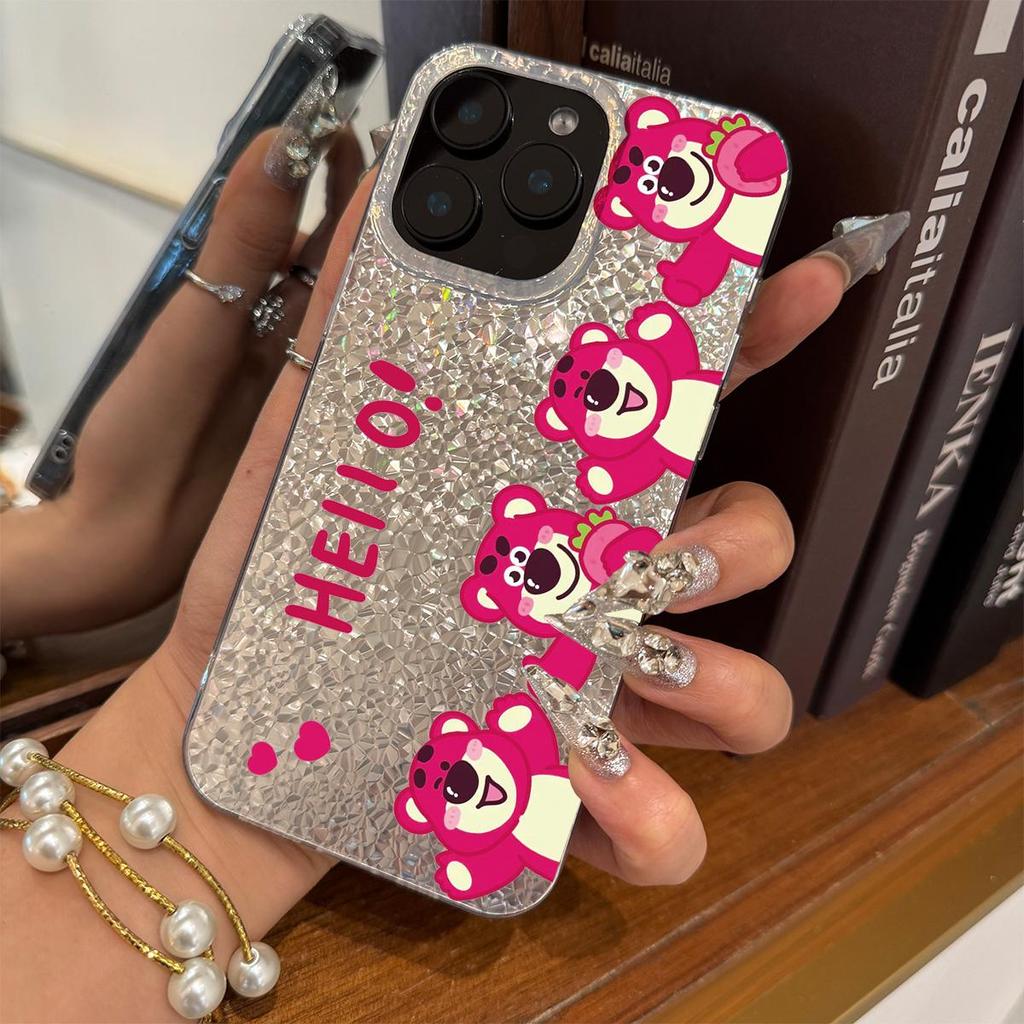 Розовые Медведи с Чехлом-Редиской для iphone 13 12 15 16 Plus 14 18 Pro Max XR XS Max 17 Pro 11 Air Серебряный Блеск Трескающийся Фон