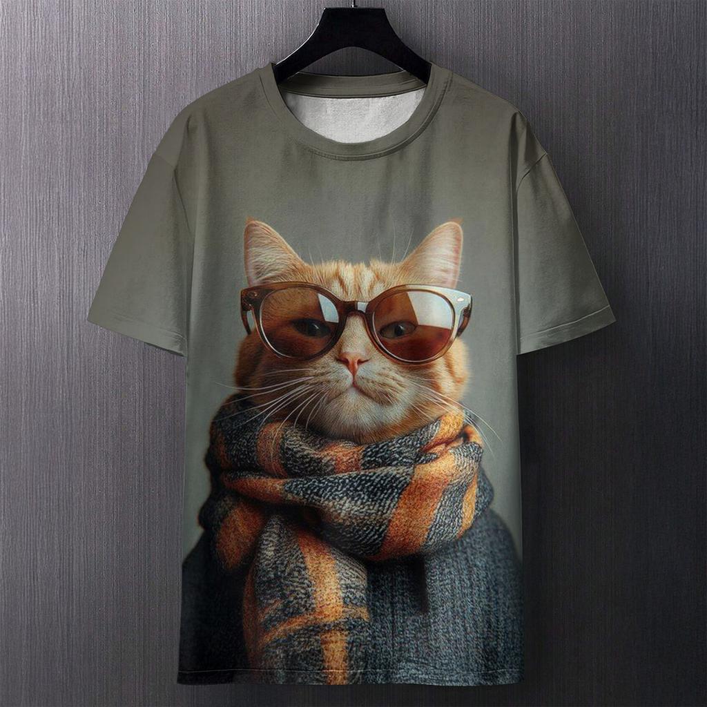 Fun Cat Pattern Printed T-shirt Summer Casual Loose Round Neck Short Sleeved Men's T-shirts