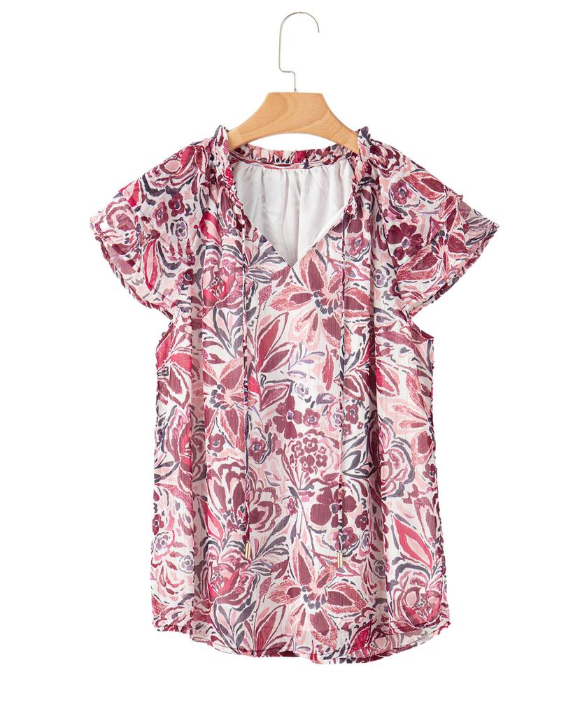 Azura Exchange White Floral Ruffled Short Sleeve V Neck Blouse