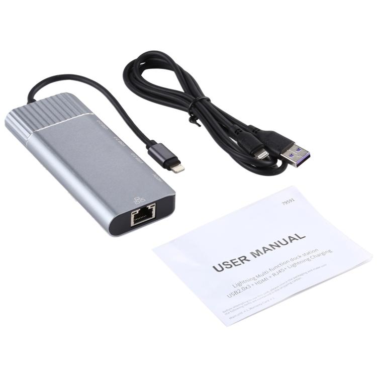 Многофункциональный адаптер-док-станция 6-в-1: 3 порта USB 2.0 + HDMI + RJ45 + 8-контактный female порт для зарядки на 8-контактный male
