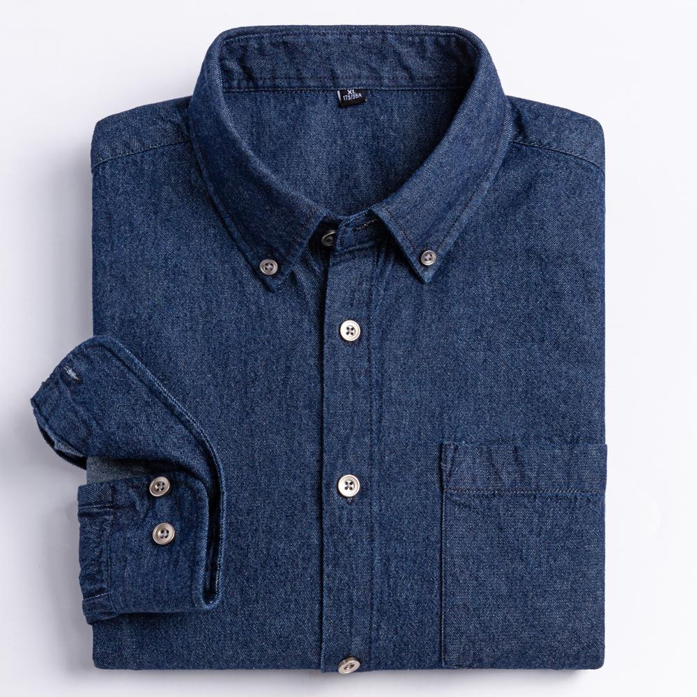 Men's Versatile Casual Long Sleeve Denim Pocket Shirt Regular-Fit Comfortable Soft 100% Cotton Washed Durability Work Shirts