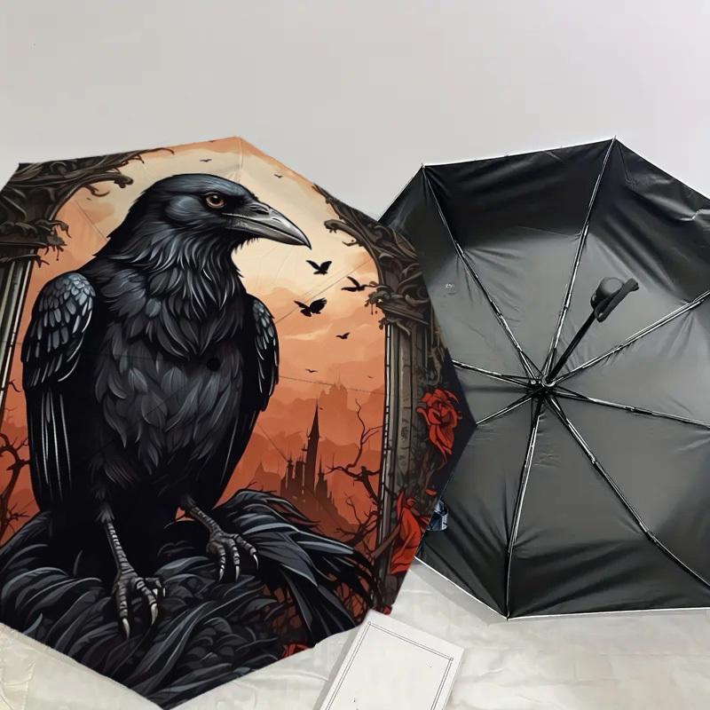 1pc Raven with Gothic Castle Background Umbrella with Plastic Handle,Suitable for All Seasons Home Travel Outdoor UmbrellaDD282