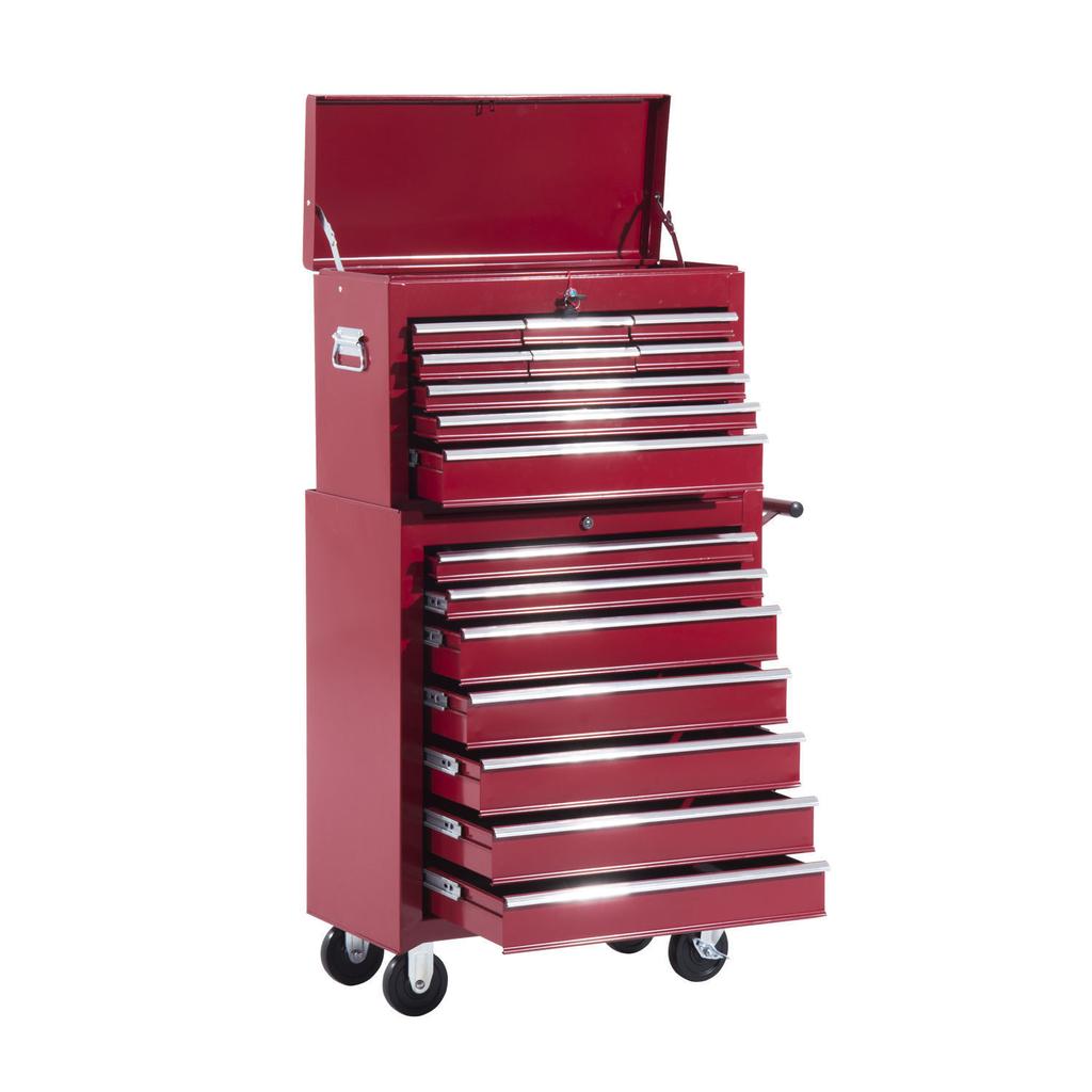 Workshop Trolley with Tool Box, Empty Lockable Tool Cart with Drawers, Tool Compartment, Keys and Non-Slip Mats, Red
